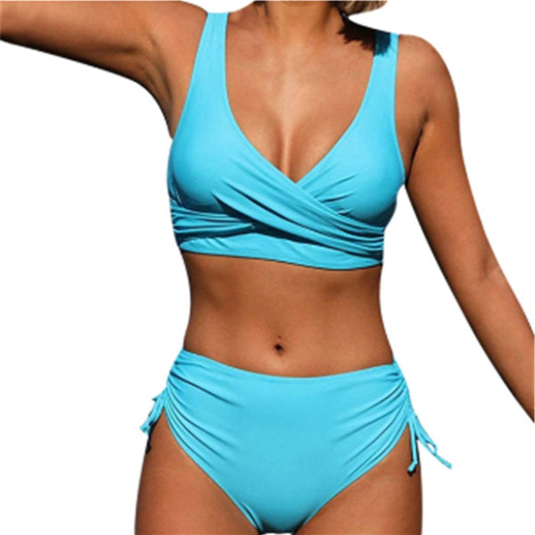High-Waist Gathered Bikini with Rope
